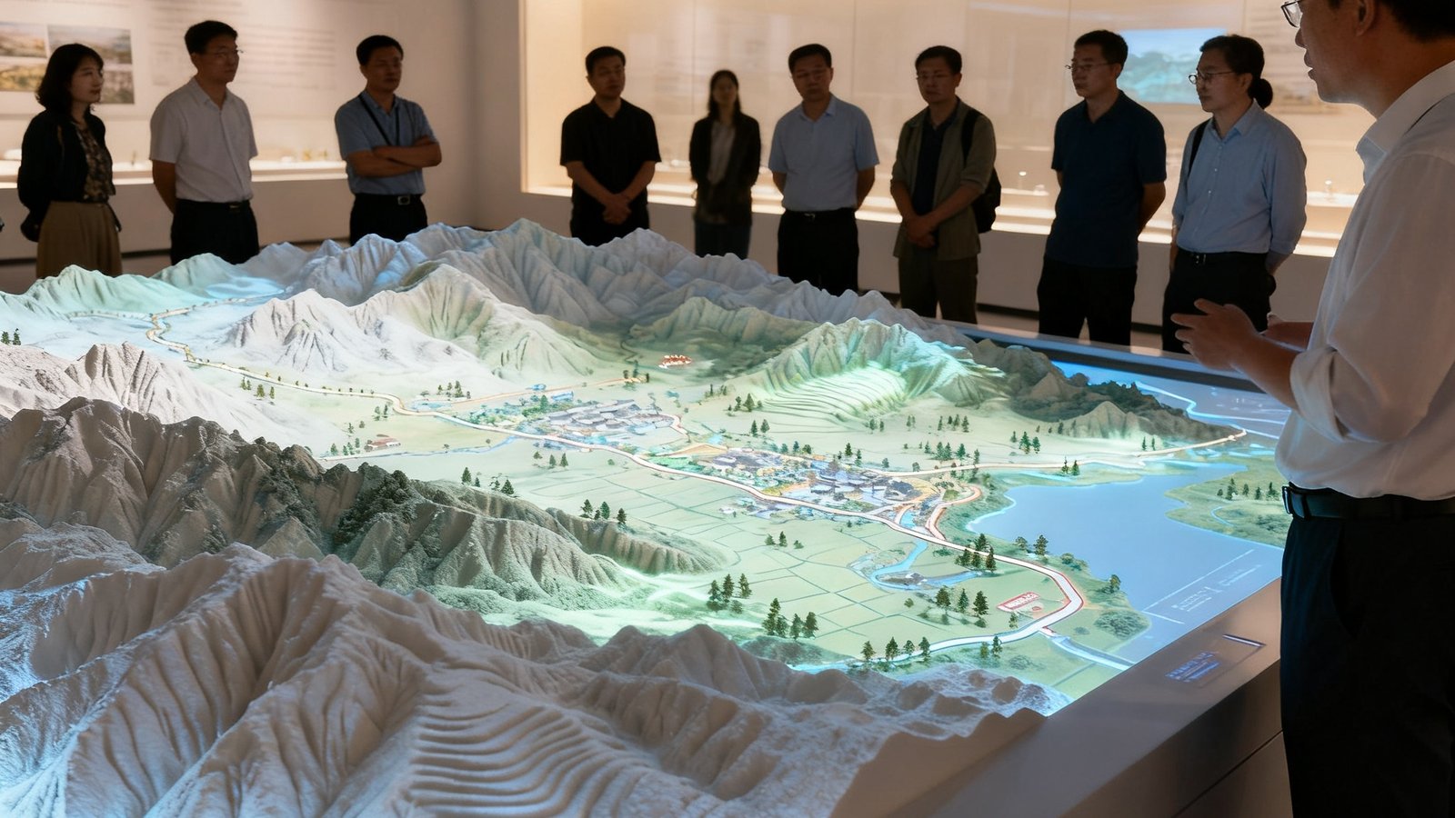数字沙盘展厅内光影投射于立体地貌模型上，动态展示景区规划全貌，参观者围绕沙盘观看讲解
