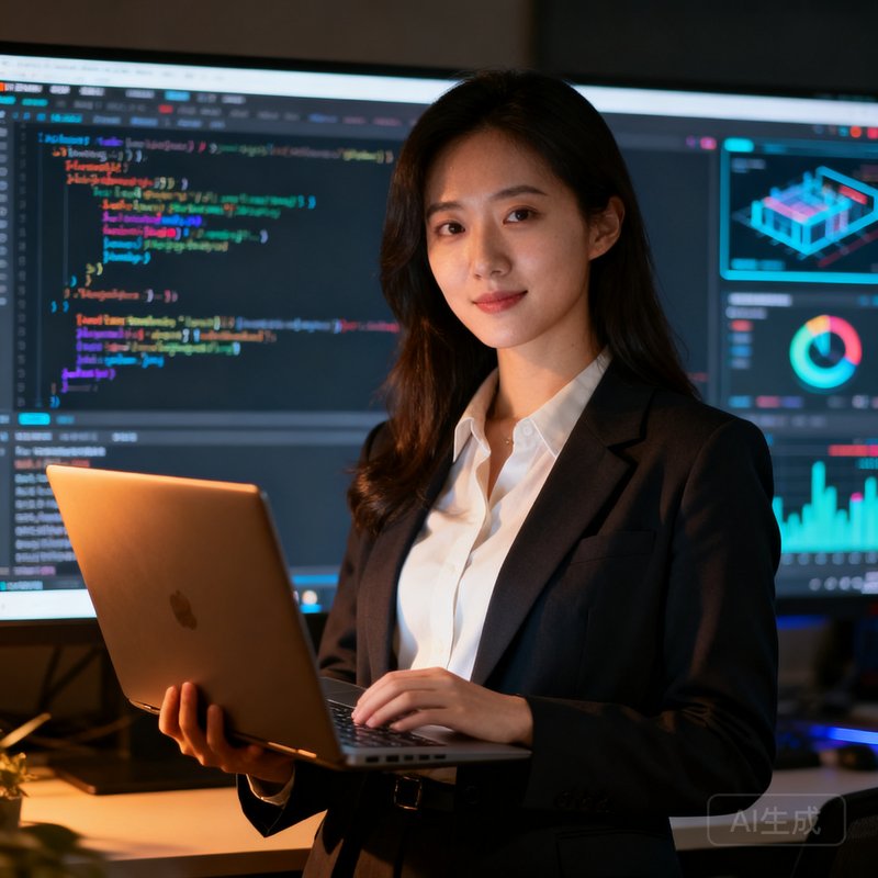 PT视讯软件架构师苏雅文半身肖像，女性工程师形象，背景显示代码与实时渲染画面